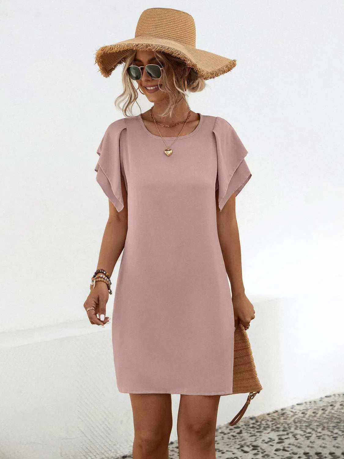 Round Neck Flutter Sleeve Mini Dress Dusty Pink Casual Dresses - Tophatter Daily Deals